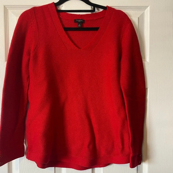 Talbots Petite Red V-Neck Sweater with Red/Gold Enamel Button on sleeve detail - Picture 1 of 5